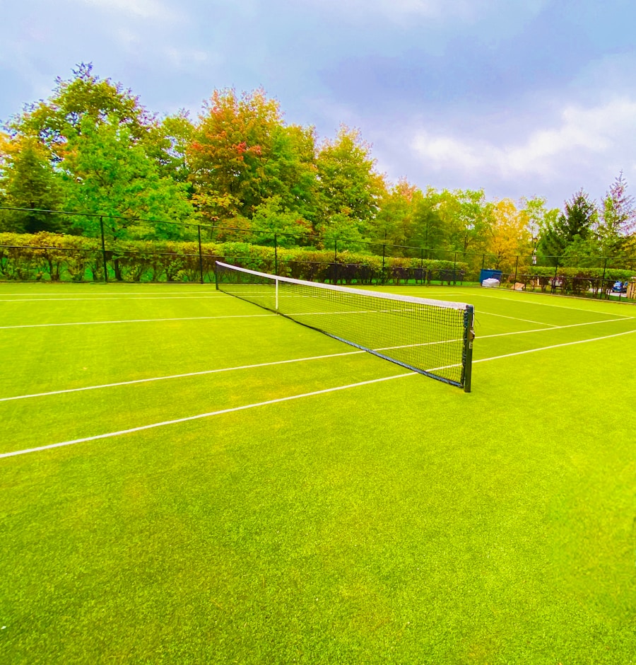 A grass tennis court with a net, mown green lawn