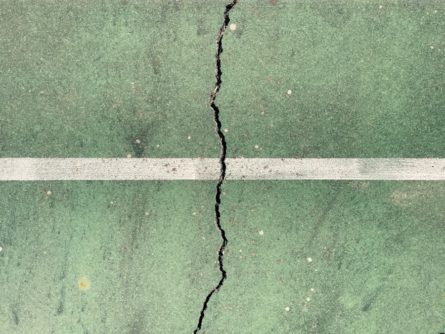 A worn public court with a cracked painted surface